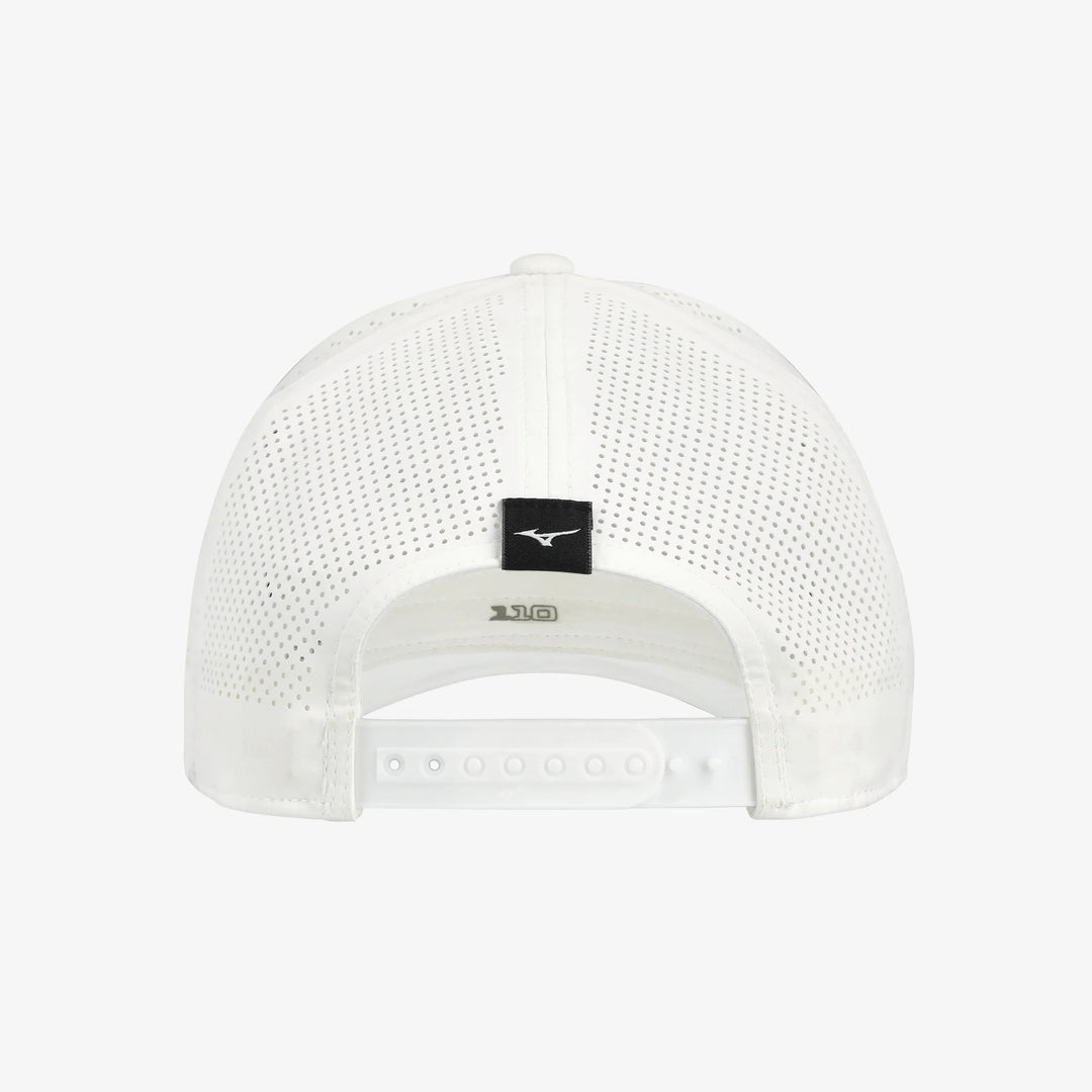 Back view of the white Mizuno Tour Vent Snapback golf cap with laser-perforated mesh and adjustable snapback strap.