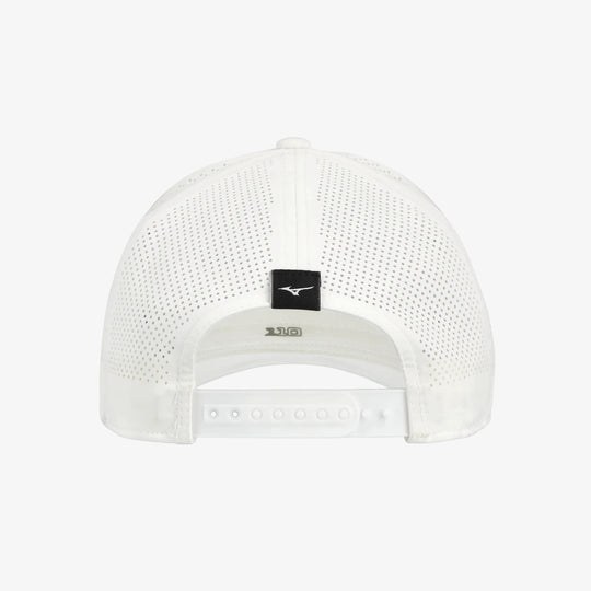 Back view of the white Mizuno Tour Vent Snapback golf cap with laser-perforated mesh and adjustable snapback strap.