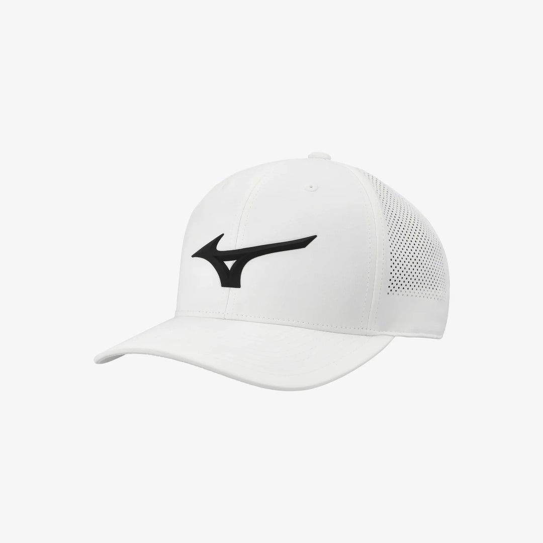 Front view of the white Mizuno Tour Vent Snapback golf cap featuring a bold black Mizuno Runbird logo and ventilated panels.

