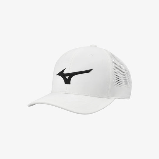 Front view of the white Mizuno Tour Vent Snapback golf cap featuring a bold black Mizuno Runbird logo and ventilated panels.

