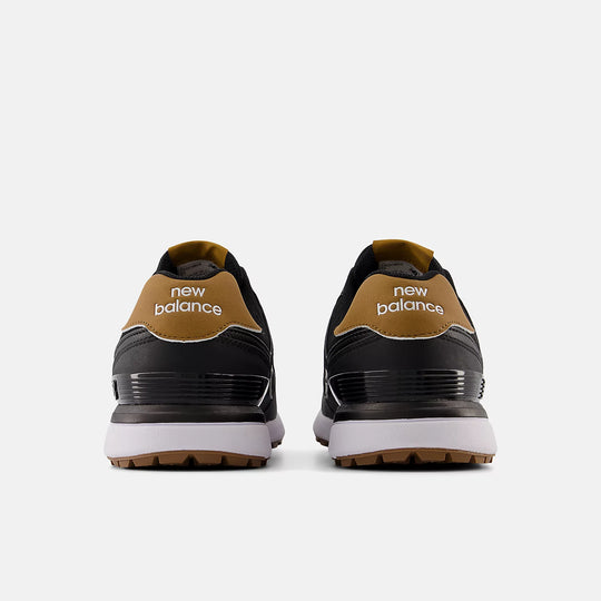 Back view of New Balance 574 golf shoes showing dual heel branding in tan and black. Available now at Noosa Golf Co., Noosa’s go-to golf shop.
