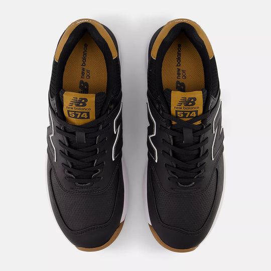 Overhead view of New Balance 574 golf shoes with lace-up design and 574 branding. Premium golf footwear at Noosa Golf Co., Sunshine Coast.