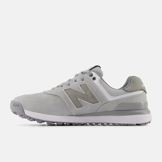 Side profile of New Balance 574 Greens golf shoes in light grey. Available now at Noosa Golf Co., your trusted Noosa golf shop.