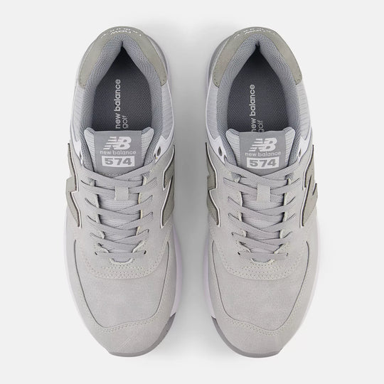 Top-down view of New Balance 574 Greens golf shoes in light grey. Shop golf footwear in Noosa at Noosa Golf Co.