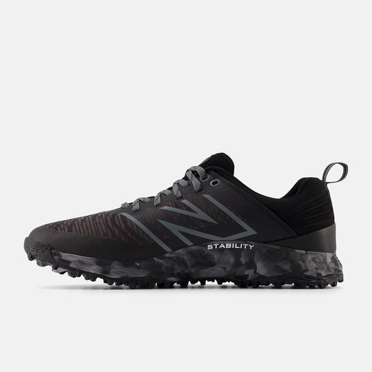 Side profile of New Balance Fresh Foam Contend v2 golf shoe in black/grey camo with Fresh Foam midsole and ‘STABILITY’ print. Shop at golf shop Sunshine Coast.