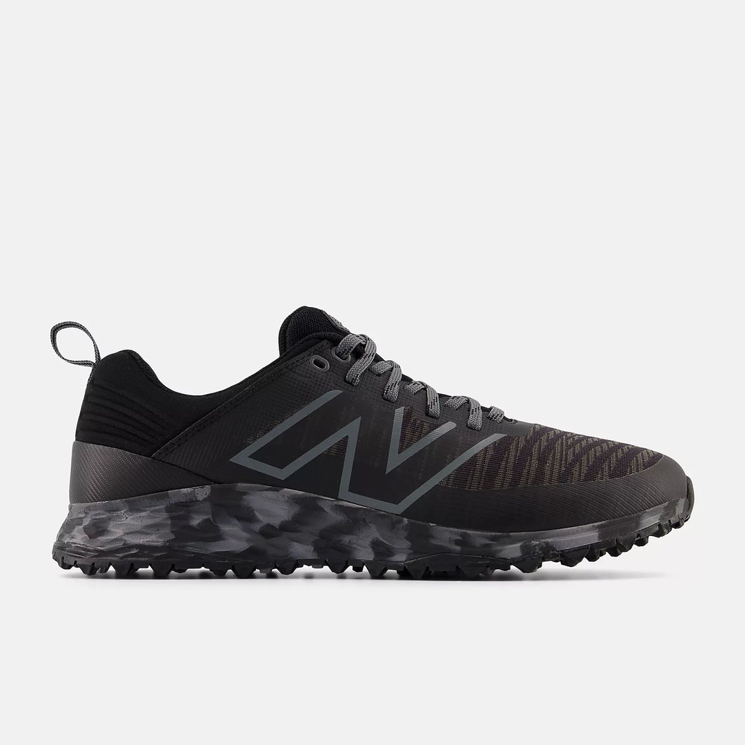 Inner side of New Balance Fresh Foam Contend v2 in stealthy black and grey camo. Durable spikeless sole for the Sunshine Coast golfer.

