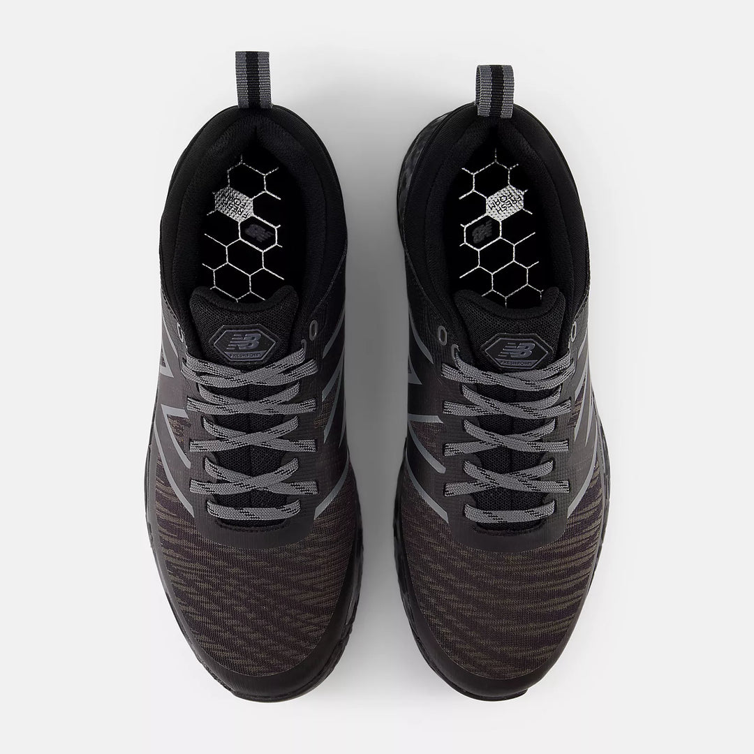 Top view of black and grey New Balance Fresh Foam Contend v2 golf shoes featuring honeycomb insole and breathable mesh upper. Find it at Sunshine Coast’s top golf shop.