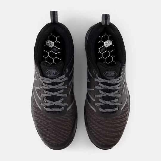 Top view of black and grey New Balance Fresh Foam Contend v2 golf shoes featuring honeycomb insole and breathable mesh upper. Find it at Sunshine Coast’s top golf shop.